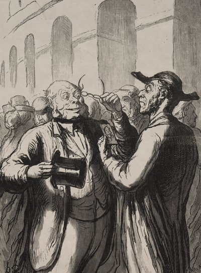 Wystawa uniwersalna: Inspekcja fotografii przy bramkach obrotowych. Łysi muszą zdjąć kapelusze, a krótkowzroczni okulary. autorstwa Honoré Daumier