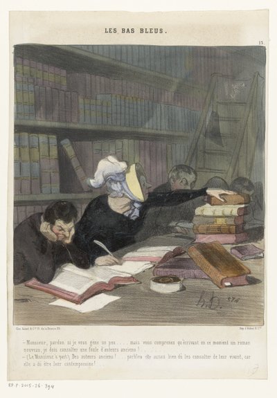 Postacie za stołem do czytania w bibliotece publicznej Les Bas Bleus (tytuł serii na obiekcie) autorstwa Honoré Daumier