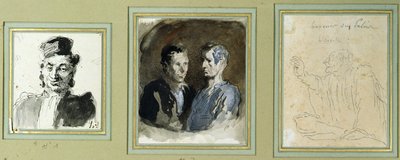Widok z przodu prawnika, dwóch oskarżonych i procesowego (ołówek, pranie, toaleta i tusz na papierze) autorstwa Honoré Daumier