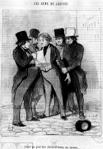 Zwierzyna, na którą można polować o każdej porze roku, zaczerpnięta z "Gens de Justice", serii karykatur o sprawiedliwości autorstwa Honore Daumiera (1808-1879). "Charivari" autorstwa Honoré Daumier