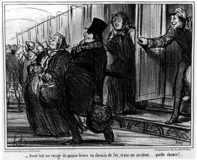 Po przejechaniu piętnastomilowej kolei i nie przez przypadek... co za szansa!... : z serii karykatur „Aaktualici” o kolejach Honore Daumiera (1808-1879). „Charivari” autorstwa Honoré Daumier