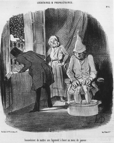 Niewygodne lokowanie mieszkania do wynajęcia w styczniu, zaczerpnięte z serialu animowanego „Tenants et Owners” autorstwa Honore Daumiera (1808-1879). „Charivari” autorstwa Honoré Daumier