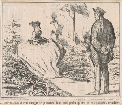 Wolałbym widzieć huragan wędrujący po moim ogrodzie niż jedną z tych cholernych krynolin! autorstwa Honoré Daumier