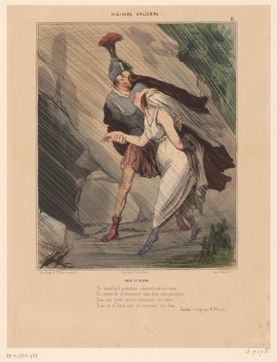 Karykatura Eneasza i Dydony Enée et Didon (tytuł na obiekcie) Karykatury starożytnych postaci (tytuł serii) Histoire ancienne (tytuł serii na obiekcie) autorstwa Honoré Daumier