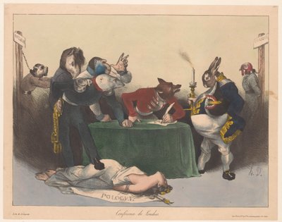 Karykatura wielkich mocarstw europejskich na konferencji londyńskiej Conference de Londres (tytuł na obiekcie) autorstwa Honoré Daumier
