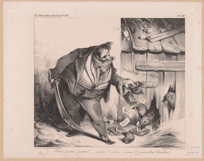 Karykatura króla Francji Ludwika Filipa I jako bandyty Małe! małe! małe! (...) Venez donc dindons! (tytuł na obiekcie) autorstwa Honoré Daumier