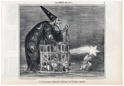Kometa z 1857, "Niemiecki astronom wypuszcza słynną kaczkę", z Le Charivari, wyd. 1858 (grawerowanie) autorstwa Honoré Daumier