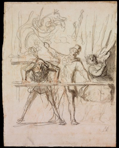 La Parade - The Side-Show - Daumier, Honore (1808-1879) - 1865 - Czarna kreda, akwarela na papierze - 39,8x30,4 - Muzeum Szepmuveszeti, Budapeszt autorstwa Honoré Daumier