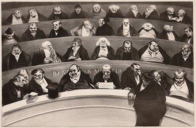 Le Ventre législatif. Aspects des bancs ministériels de la chambre improstituée de 1834 / The Legislative Belly. Widok ław poselskich izby nieprotestowanej z 1834 r. 1834. autorstwa Honoré Daumier