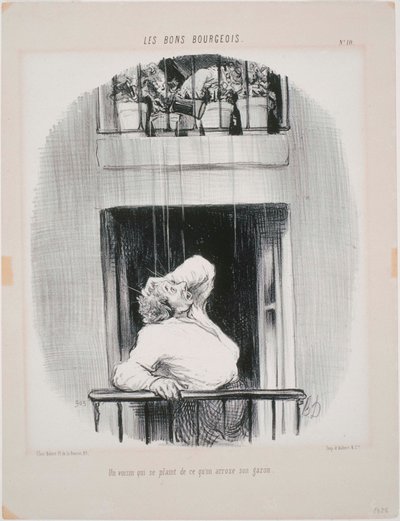 Les Bons Bourgeois- sąsiad, który narzeka na podlewanie autorstwa Honoré Daumier