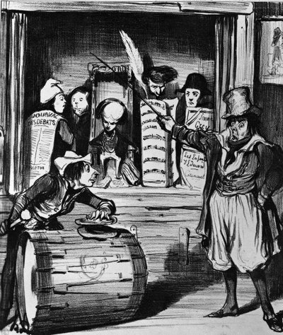 „Les Saltimbanques”, ilustracja z magazynu „La caricature”, 28 kwietnia 1839 (lito) autorstwa Honoré Daumier