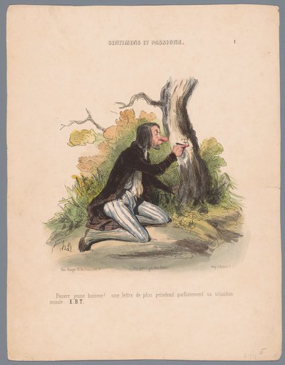 Mężczyzna rzeźbi inicjały w korze drzewa Pauvre jeune homme! (...) (tytuł na obiekcie) Pasje i uczucia (tytuł serii) Sentimens et passions (tytuł serii na obiekcie) autorstwa Honoré Daumier