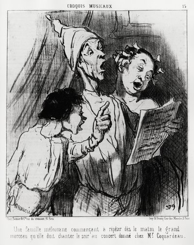 Szkice muzyczne: rodzina melomanów zaczyna rano powtarzać wielką piosenkę, którą musieli zaśpiewać wieczorem na koncercie, podarowanym panu Coquardeau. Illustration d