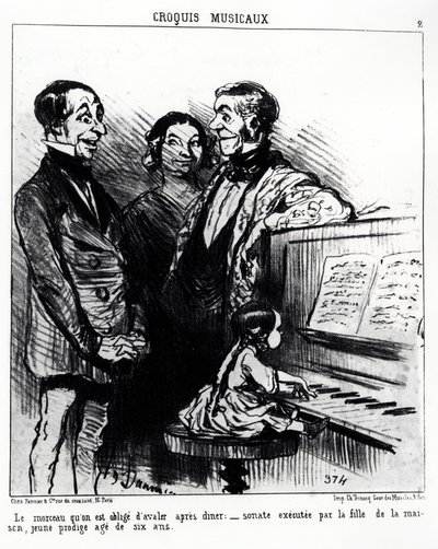 Muzyczne szkice: piosenka, którą musisz przełknąć po obiedzie: sonata wykonana przez córkę domu, młode cudowne dziecko w wieku sześciu lat. Illustration d