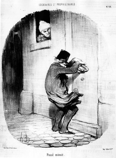 Minęła północ. mężczyzna wracający spóźniony do lokatora, z serialu animowanego „Tenants et Owners” Honore Daumiera (1808-1879). „Charivari” autorstwa Honoré Daumier