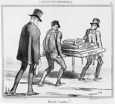 Stoisko z przekąskami podczas fali upałów na Wystawie Światowej w Paryżu, komiks z serii „Exposition Universelle”, opublikowany w „Le Charivari” autorstwa Honoré Daumier