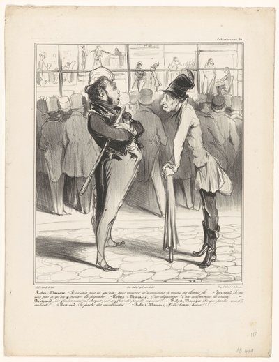 Robert-Macaire w rozmowie z Bertrandem za witrynę drukarni Caricaturana (tytuł serii na obiekcie) autorstwa Honoré Daumier
