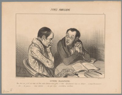 Pisarz doradza koledze pozbycie się żony Autorzy dramatyczni (tytuł na obiekcie) Typy paryskie (tytuł serii) Rodzaje Parisiens (tytuł serii na obiekcie) autorstwa Honoré Daumier