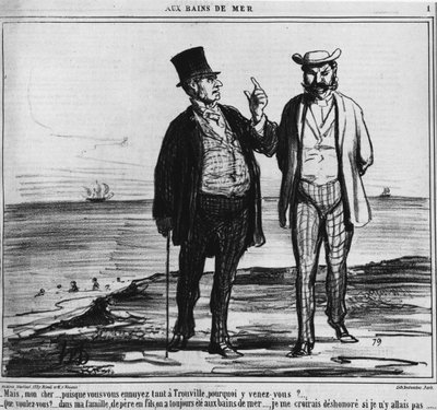 Kąpiele nadmorskie: Paryżanie na plaży Trouville o ciężarze tradycji i zwyczajów rodzinnych - autorstwa Honore Daumier, w „Charivari” z 25.08.1859 autorstwa Honoré Daumier
