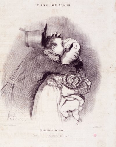 Cykl „Piękne Dni Życia””: Spotkanie wsi...””. Grawerowanie autorstwa Honore DAUMIER (1808-1879). Wyciąg z gazety „Le Charivari” z 8 września autorstwa Honoré Daumier