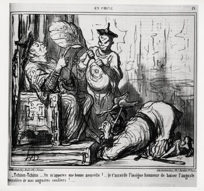 Tchinn Tchinn... Przynosisz mi dobre wieści! Daję Ci wielki zaszczyt ucałować dostojny pył moich dostojnych butów. In serie En Chine, ilustracja Honore Daumier (1808-1879), opublikowana w „Charivari” z 7 grudnia autorstwa Honoré Daumier