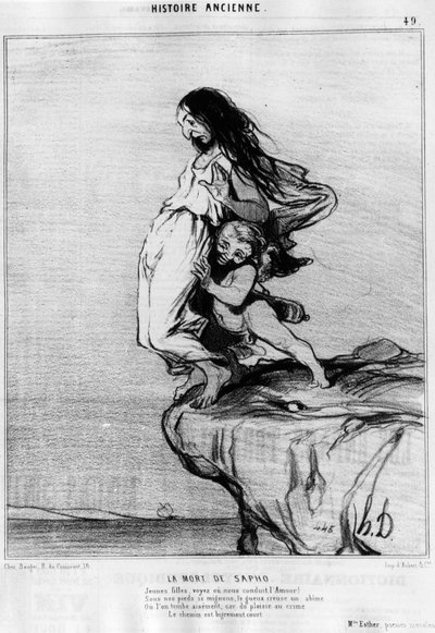 Śmierć Sapho (Sappho). „” Młoda damo, zobacz lub prowadź nas Miłość! Pod naszymi stopami tak uroczymi, gueux kopie abime lub łatwo upadamy; bo od przyjemności do zbrodni droga jest bardzo krótka”. Serie de l