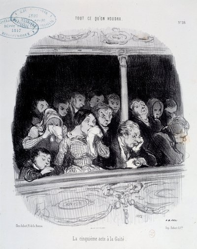 W akcie piątym znajdują się Gaite Ekspresja twarzy publiczności podczas pokazu (nuda, zmęczenie, desinteret) Karykatura Honore Daumiera (1808-1879). XIX-wieczne paryskie muzeum Carnavalet autorstwa Honoré Daumier