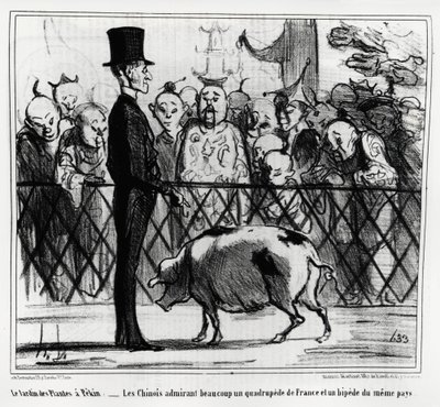 Ogród roślin w Pekinie: Chińczycy podziwiający czworonoga Francji i bipnięcie tego samego kraju. Ilustracja Honore Daumiera (1808-1879), opublikowana w „Charivari”, China Actualites autorstwa Honoré Daumier