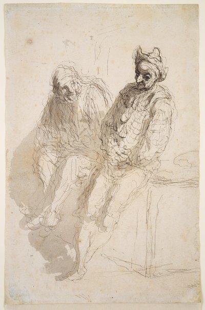 Dwa Saltimbanques, ok. 1865-73 (atrament czarno-szary, szare plamy na papierze) autorstwa Honoré Daumier