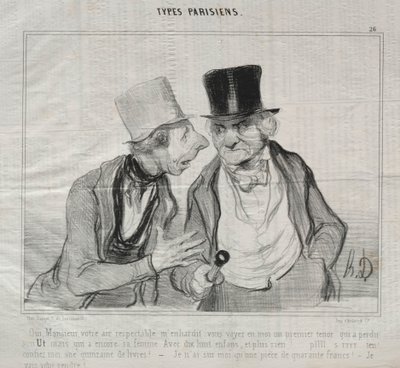 Types Parisiens, tablica 26: Tak, proszę pana, twój szanowny wygląd dodaje mi otuchy..., 29 maja 1840. autorstwa Honoré Daumier