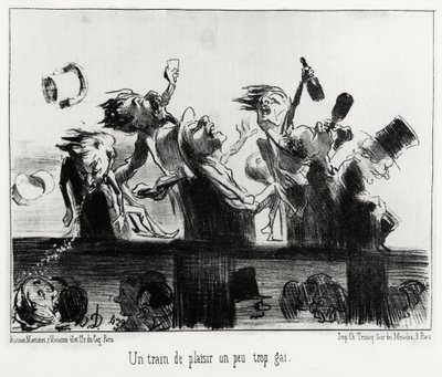 Pociąg rozkoszy trochę zbyt wesoły, w serii Les Chemins de fer, ilustracja Honore Daumier (1808-1879), opublikowana w „Charivari” z dnia 20 sierpnia 1852. autorstwa Honoré Daumier