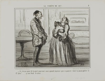 "- Nie boję się o siebie, ale kiedy myślę o biednym Azorze, który zginie 13 czerwca... to po prostu łamie mi serce", płyta 8 z La Cométe De 1857. autorstwa Honoré Victorin Daumier