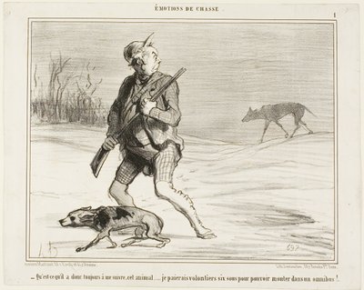 "- Zastanawiam się, dlaczego ta bestia cały czas mnie śledzi... Z radością zapłacę 6 sous za wskoczenie do autobusu", płyta 1 z Émotions De Chasse autorstwa Honoré Victorin Daumier
