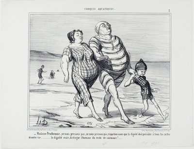 "- Madame Prudhomme, nie spieszmy się, przypomnijmy sobie, że godność powinna przewodzić wszystkim aktom życia... sama godność odróżnia człowieka od reszty zwierząt", płyta 2 z Croquis Aquatiques. autorstwa Honoré Victorin Daumier