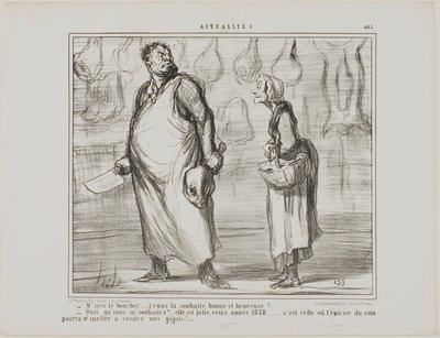 "- Panie rzeźniku, życzę panu szczęśliwego i zdrowego Nowego Roku... - Co To będzie ładny rok, ten 1858... każdy sklep spożywczy za rogiem będzie mógł sprzedać moją baraninę!..", płyta 481 z Actualités. autorstwa Honoré Victorin Daumier