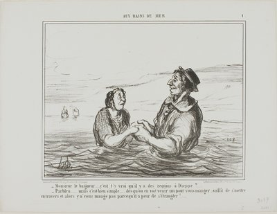 "- Mr.Lifeguard.... czy to prawda, że w Dieppe są rekiny - Oczywiście... ale to całkiem proste... jak tylko zobaczysz jednego, który chce cię zjeść, wszystko, co musisz zrobić, to położyć się bokiem. Nie zje cię ze strachu przed zadławieniem się na śmierć" autorstwa Honoré Victorin Daumier