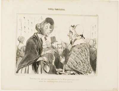 "- O, tu jesteś..... co tam masz ..... - Nie rozmawiajmy o tym.... mamy gości, a ja właśnie zrobiłam zakupy", płyta 6 z Types Parisiens. autorstwa Honoré Victorin Daumier