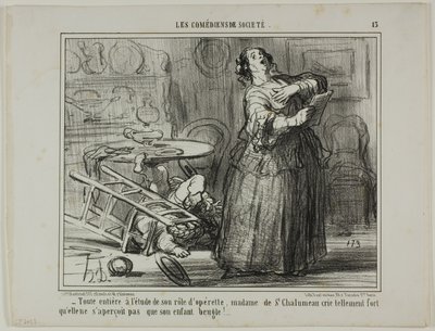 - Zajęta swoją operetkową partią, Madame de St. Chalumeau krzyczy tak głośno, że nie zauważa ryczącego dziecka, płyta 13 z Les Comédiens De Société. autorstwa Honoré Victorin Daumier