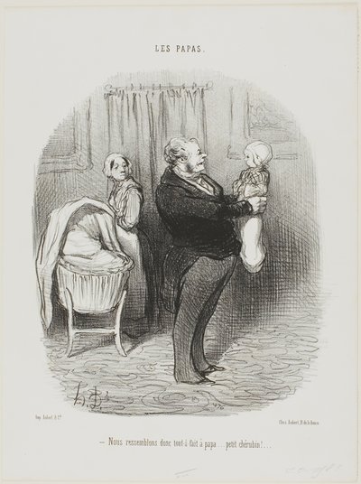 "- Naprawdę wyglądamy jak Papa, prawda... mały Cherub!", płyta 14 z Les Papas autorstwa Honoré Victorin Daumier
