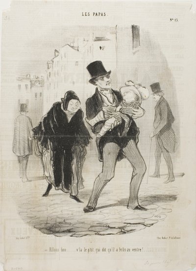 "- Tak, w porządku, ale biednego chłopca boli brzuch", płyta 13 z Les Papas autorstwa Honoré Victorin Daumier