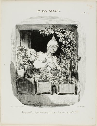 Wzorowe małżeństwo: Przez trzydzieści lat kultywowali cnotę i goździki, płyta szósta z Les Bons Bourgeois. autorstwa Honoré Victorin Daumier