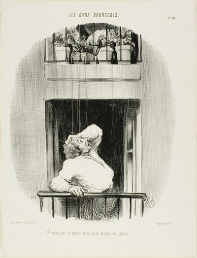 Sąsiad narzekający na podlewanie trawnika, płyta dziesiąta z Les Bons Bourgeois autorstwa Honoré Victorin Daumier