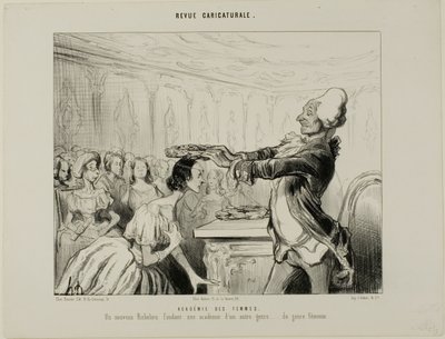 Akademia Kobiet. Nowy Richelieu, zakładający nową Akademię innego rodzaju.... płci żeńskiej, płyta 33 z Revue Caricatureale autorstwa Honoré Victorin Daumier