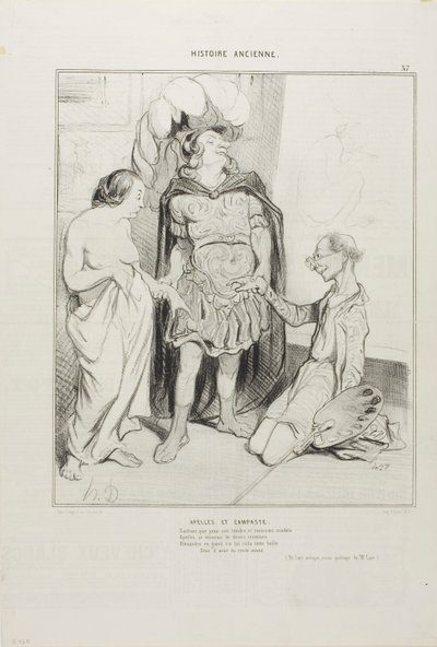 Apelles i Campaste. Wiedząc, że Apelles marniał z miłości, Aleksander dał mu Campeste i ponad pierwszą umową sztuki, jaka kiedykolwiek została zawarta, dziewczyna przeciwko rzeźbie, och, co za szczęście! (Ze sztuki i antyku, poetycki esej M. Cavé), płyta 3 autorstwa Honoré Victorin Daumier