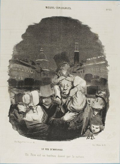 Podczas pokazu sztucznych ogni. Ojciec jest koniem pociągowym, zapewnionym przez naturę, płyta 33 z Moeurs Conjugales i płyta 14 w Actualités autorstwa Honoré Victorin Daumier