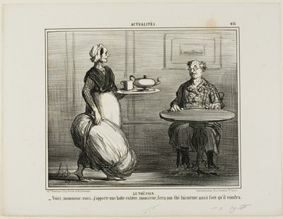 Herbata ziołowa. "- Proszę bardzo, Monsieur, pomyślałem, że przyniosę całą paczkę siana, abyś mógł sam zdecydować o sile swojej herbaty", mówi tabliczka 416 z Actualités. autorstwa Honoré Victorin Daumier