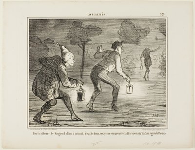 Ogrodnicy z Nanterre idą na palcach o północy w kierunku kaktusa wielkokwiatowego, aby zaskoczyć go kwitnieniem, płyta 323 z Actualités autorstwa Honoré Victorin Daumier