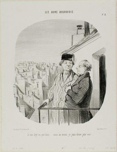 "Mieszkam trochę wysoko... ale przynajmniej cieszę się pięknym widokiem", płyta 8 z Les Bons Bourgeois autorstwa Honoré Victorin Daumier
