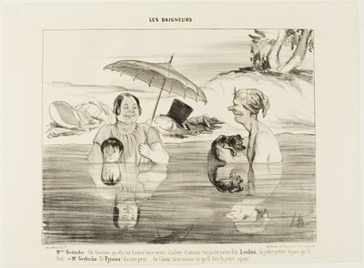 Madame Greluche: "Och, Gustave, jak dobrze! Prawdziwe kojące ciepło! Spójrz na naszego syna Loulou; jaką ma słodką minkę!". Pan Greluche: "A Pyramus boi się, boi się jak pies. Gdybyś tylko wiedział, co on teraz robi, ten mały łobuz", płyta 4 z Les autorstwa Honoré Victorin Daumier