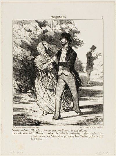 Monsieur Arthur: "Och Pamelo! Płonę miłością do ciebie!" Mąż zielarz: "- Malwa... z rodziny Malvaceae... środek uspokajający.... Nie wierzę, że mój przyjaciel Arthur ma ten okaz w zielniku, o którego zbudowanie mnie poprosił". autorstwa Honoré Victorin Daumier